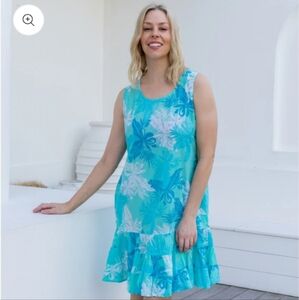West Indies Wear Blue Hibiscus 100% Cotton Dress Sz 2XL Beach Resort Wear Pool